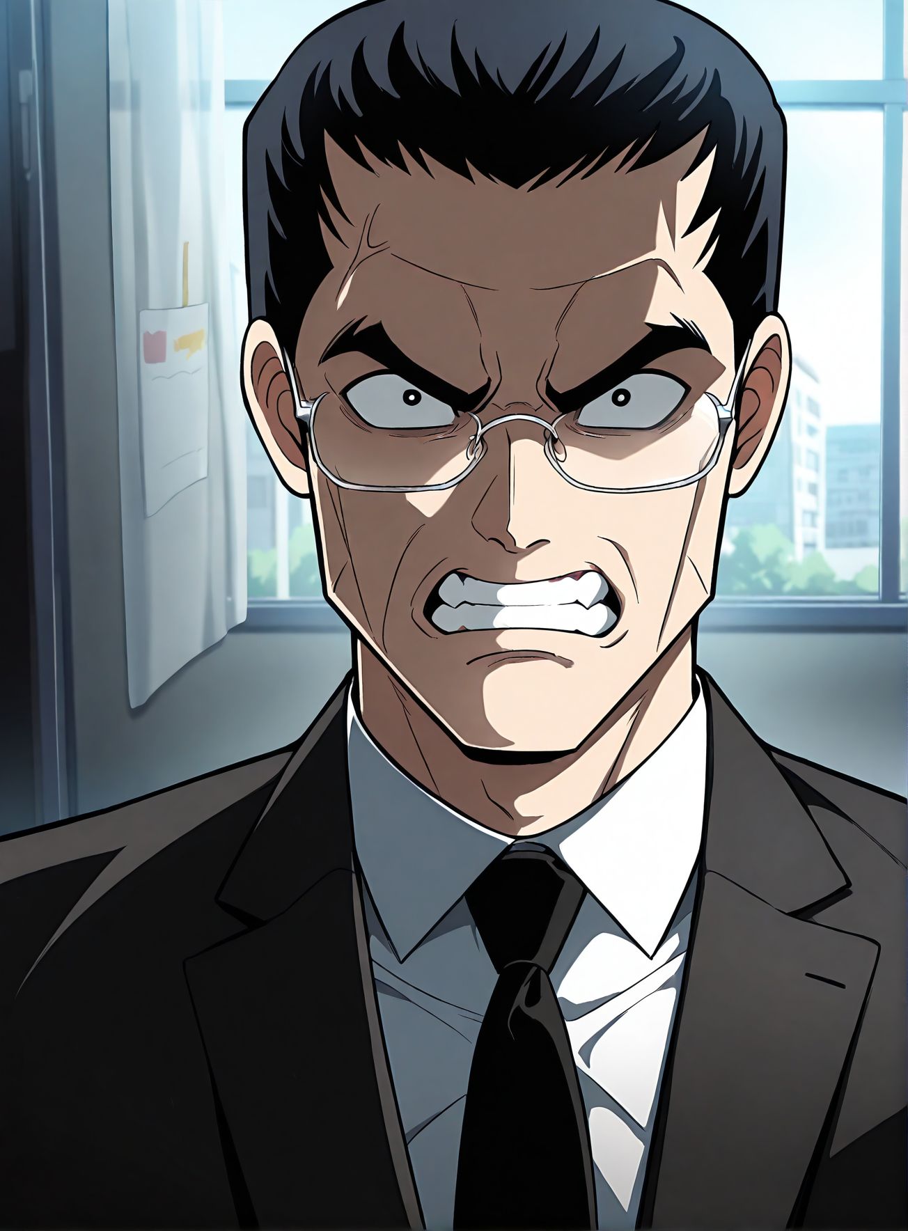 masterpiece,best quality,anime coloring,anime screenshot,
<lora:add-detail-xl:0.5>
<lora:Plaything:1>PlaythingV1,
1boy,male focus,glasses,
necktie,teeth,clenched teeth,
black hair, mature male, suit,
solo,black necktie,angry, jacket, 
p_father, aged up,