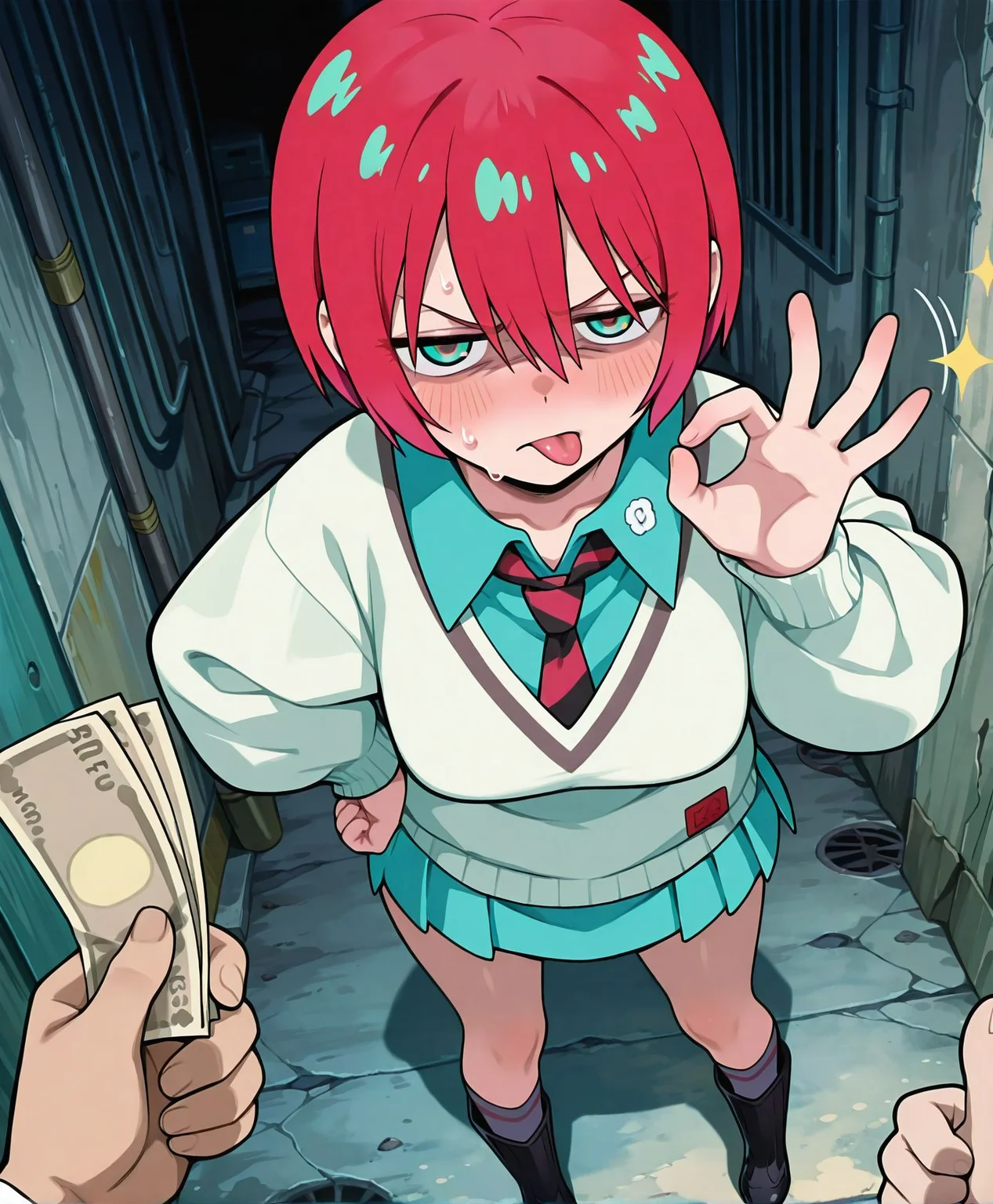 masterpiece, best quality, newest, absurdres, highres, detailed eyes, beautiful, detailed background, perfect eyes, anime coloring, anime screencap,<lora:add-detail-xl:0.5>
<lora:Glaring_expression:0.2>Glaring_expressionV1,
1girl, pov hands, holding money, giving money, tongue out,
glaring expression,blush, thumbs up, naughty face,
Scowling face, disgust,sweat, sweatdrop, half-closed eyes,
sexually suggestive, fellatio gesture, hand on own hip,
fatman,ugly,
20YO, adult ,milf,
dark alley, large breasts,
<lora:Machu-V2:1>
amate yuzuriha, amate yuzuriha, short hair,red hair,multicolored hair,aqua eyes,multicolored eyes, aqua shirt,striped necktie,white sweater,aqua skirt,grey socks,black boots,