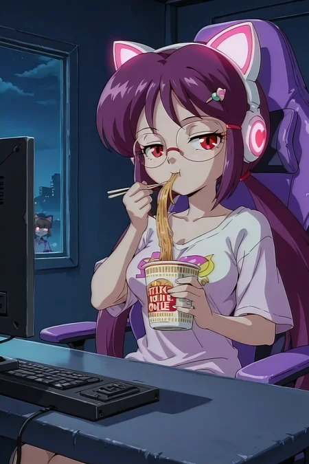 detailed background, shiny skin, posing,
<lora:etoran.il:1>,
etoran,
night, sitting, gaming chair, flickering monitor,
loose shirts, half-closed eyes, glowing headphone,
dark, dark atmosphere, shadow,
looking at viewer, cup noodle, eating,, purple very long hair, low pigtails,
red eyes, glasses, hairpin, cat headphones,
medium breasts,