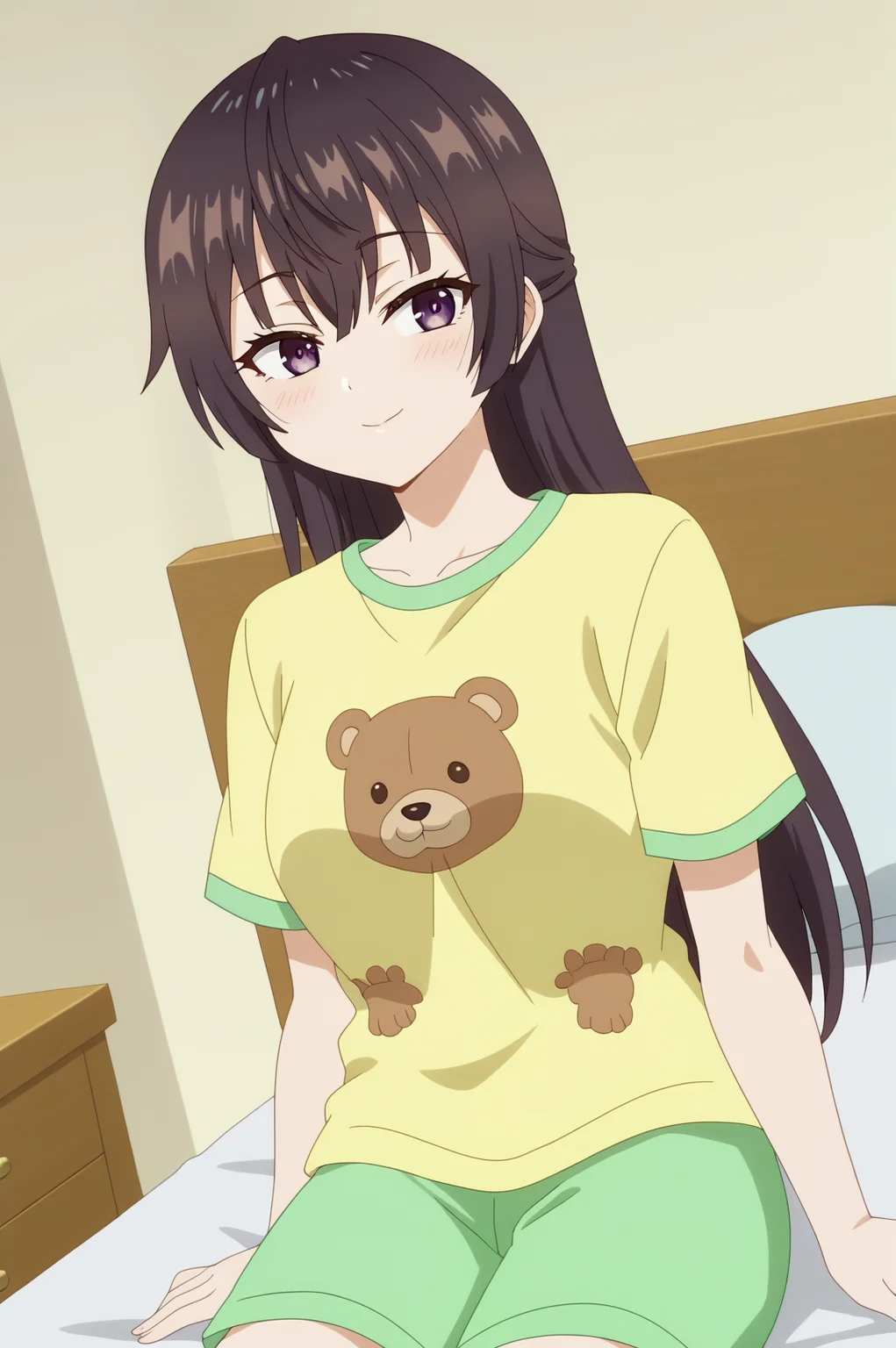 Yuki suou,anime screencap,1girl,solo,purple eyes,mature,long hair,indoors,bedroom,sitting,bed,yellow shirt, t-shirt, animal print, green shorts, sitting on bed, looking at viewer, bear face print, dutch angle <lora:Yuki_Suou - PDXL2.safetensors:0.8>