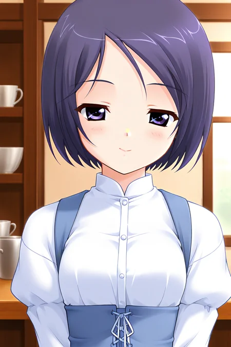 masterpiece, best quality, absurdres, official art, official style, rating general BREAK <lora:katsurazawahonami_IL_v1-2:0.7>, katsurazawa honami, 1girl, solo, purple eyes, purple hair, short hair, bob cut, parted bangs, swept bangs, small breasts BREAK casual, blouse, white shirt, dress shirt, collared shirt, underbust, buttons, juliet sleeves, blue dress, blue corset, cross-laced corset, standing, portrait, close-up, indoors, cafe,
blush, :>, closed mouth, half-closed eyes, light smile, looking at viewer, shame