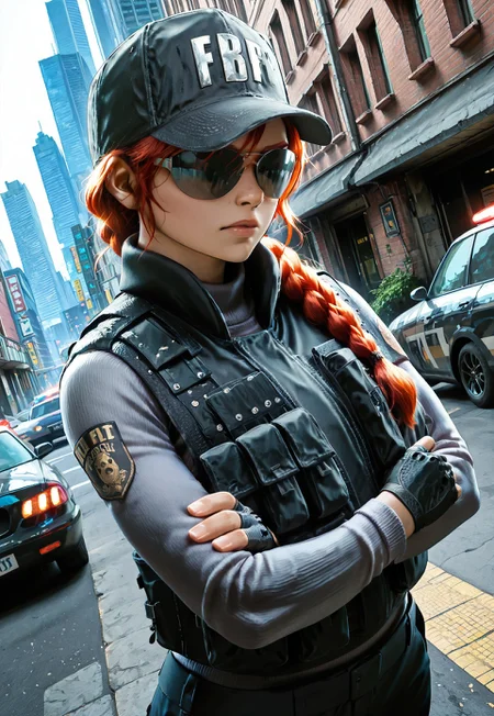 lazypos, masterpiece, best quality, dynamic angle, 1girl, solo, ashr6s, red hair, single braid, hat, bulletproof vest, grey sweater, sunglasses, fingerless gloves, arms crossed, city street, bank, police car, detailed scenery