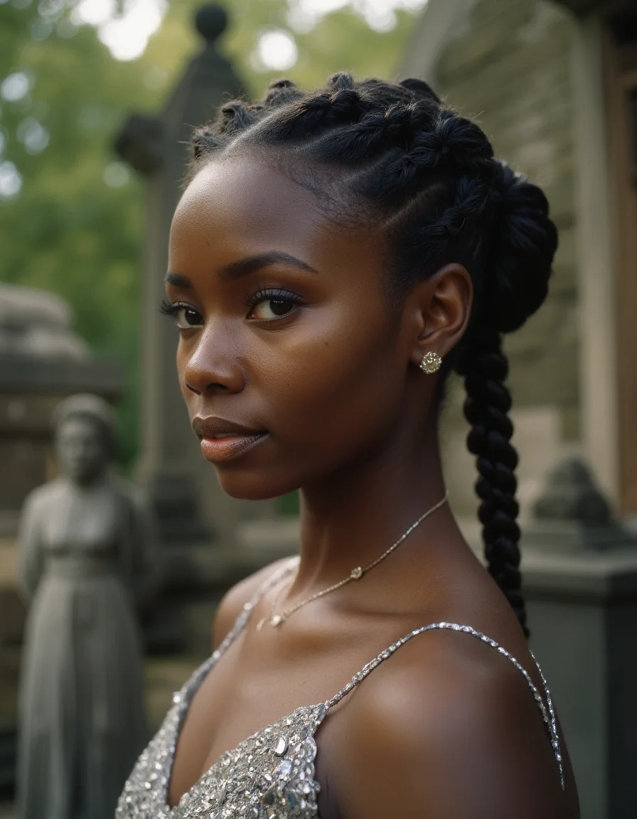 An elegant Nigerian woman with a timeless beauty,Fishtail braid,Silver,Fashion shot,The Salem Witch Trials Memorial USA,bokeh professional 4k highly detailed,Kodak Ektachrome E100,Lens Flare,<lora:real-lora:1>