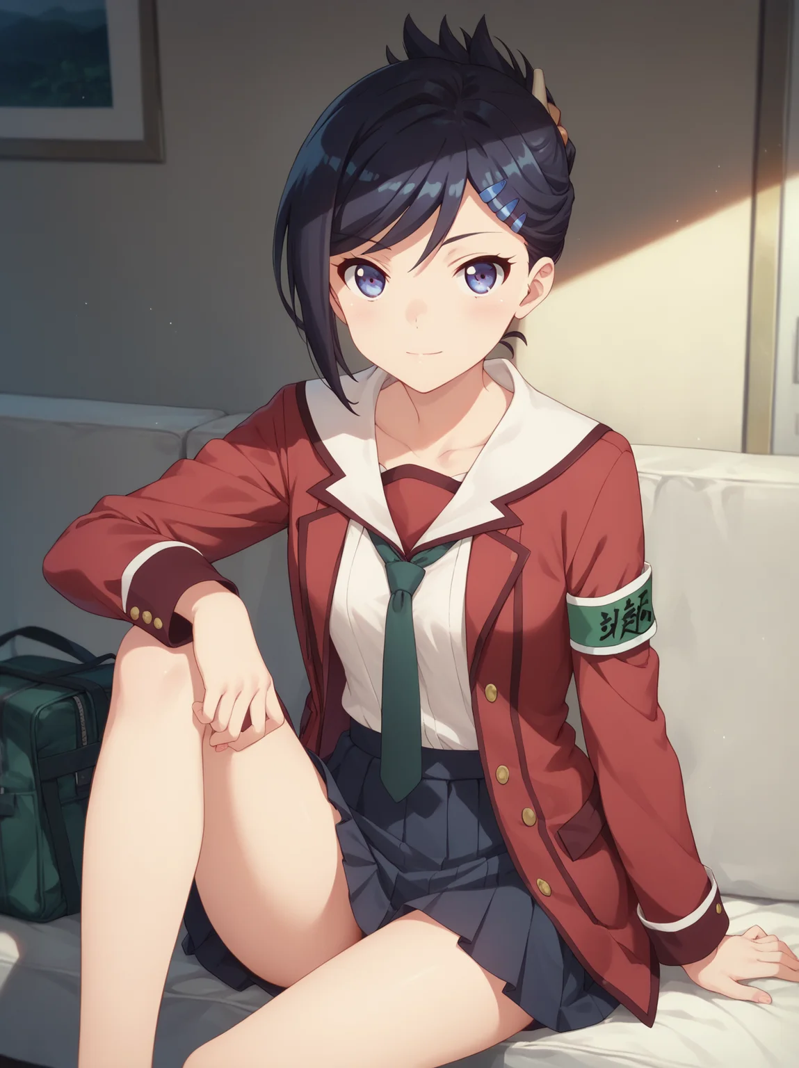 <lora:KudouMireiPony:1>, kudoumirei, 1girl, sitting, looking at viewer, red jacket, score_9, score_8_up, score_7_up