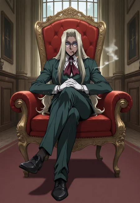 masterpiece,best quality,amazing quality, IntegraHellsing, 1girl, solo, blonde hair, very long hair, dark skin, blue eyes, glasses, round eyewear,red ascot, cross, green jacket, white shirt, white gloves, green suit, green pants, black shoes, sitting, chair, interlocked fingers, cigar, smoking, mouth hold, smoke, indoors, manor, day, perspective, dynamic pose,