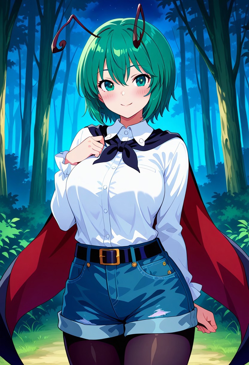 fusu style, ((forest)), ((night time)), blush, ((looking at viewer)), ((standing)), ((posing)), (1girl), ((solo)), ((large breasts)), ((wriggle nightbug)), smile, green hair, short hair, hair between eyes, green eyes, antennae, shirt, white shirt, cape, black cape, long sleeves, collared shirt, red cape, two-sided cape, antennae, denim shorts, black belt, two-sided fabric, ((black pantyhose))