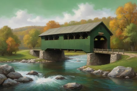 <lora:Wolvie_n3br1dg3s_v1.1:1> n3br1dg3s, an oil painting of a covered bridge, river cross view, painted green, <lora:d\EnvyOilPastelXL01:1>, oil, signed by "A.I. Wolvie", colorful, saturated, textured, 32k, fantastic realism, complex background, painting, master painter, 1700s