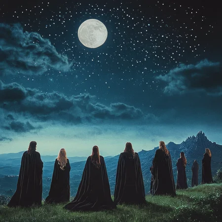 <lora:80s_Fantasy_Movie:1> ArsMovieStill, 80s Fantasy Movie Still, The image is a digital illustration of a group of people standing on a hilltop overlooking a vast landscape. The sky is filled with stars and a full moon and the horizon is visible in the distance. The people are wearing long black robes and are standing in a line facing away from the viewer. The landscape below them is a mountainous range with trees and shrubs scattered throughout. The overall mood of the image is dark and mysterious., scenery, sky, moon, star (sky), outdoors, night, starry sky, cloud, mountain, cloak
