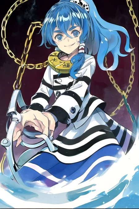 solo, 1girl, solo_focus, ((too many)):16,
watercolor (medium), traditional media,
miyadeguchi_mizuchi, solo, 1girl, smile, shirt, long_sleeves, skirt, hair_ornament, teeth, ponytail, chain, cuffs, blue_hair, shackles, long_hair, chains, striped_shirt, striped, skull_hair_ornament, blue_eyes, hair_tubes, bags_under_eyes, ghost, glowing_eyes, wide-eyed, spirit,
