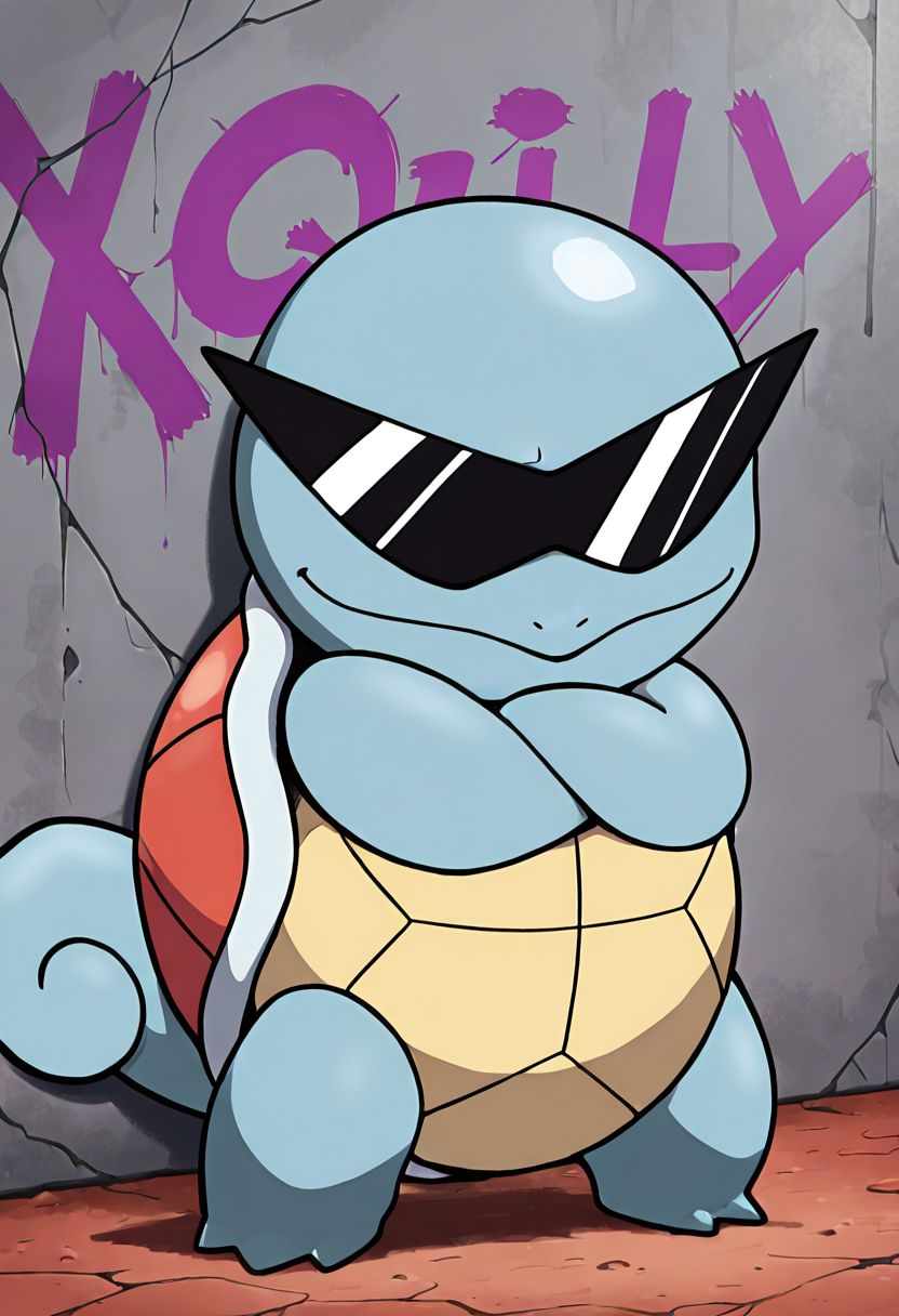 masterpiece, best quality, no humans, solo,    SquirtleSwag, sunglasses,   leaning back against a graffiti-covered wall with its arms crossed, black sunglasses glinting under the afternoon sun as it smirks coolly.    ,<lora:SquirtleSunglasses_IXL:1.0>,