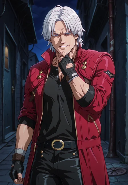 dbstyle, masterpiece, best quality, hyper-Detailed, 1man, solo, male focus, alone, detailed, Dante ((toned body, fair skin, white hair parted in the middle, blue detailed eyes, white beard stubble)), ((wearing red coat over, black shirt, black pants, black belt, black fingerless gloves)), looking at the viewer, smiling, hand on chin, standing, dark alley, night