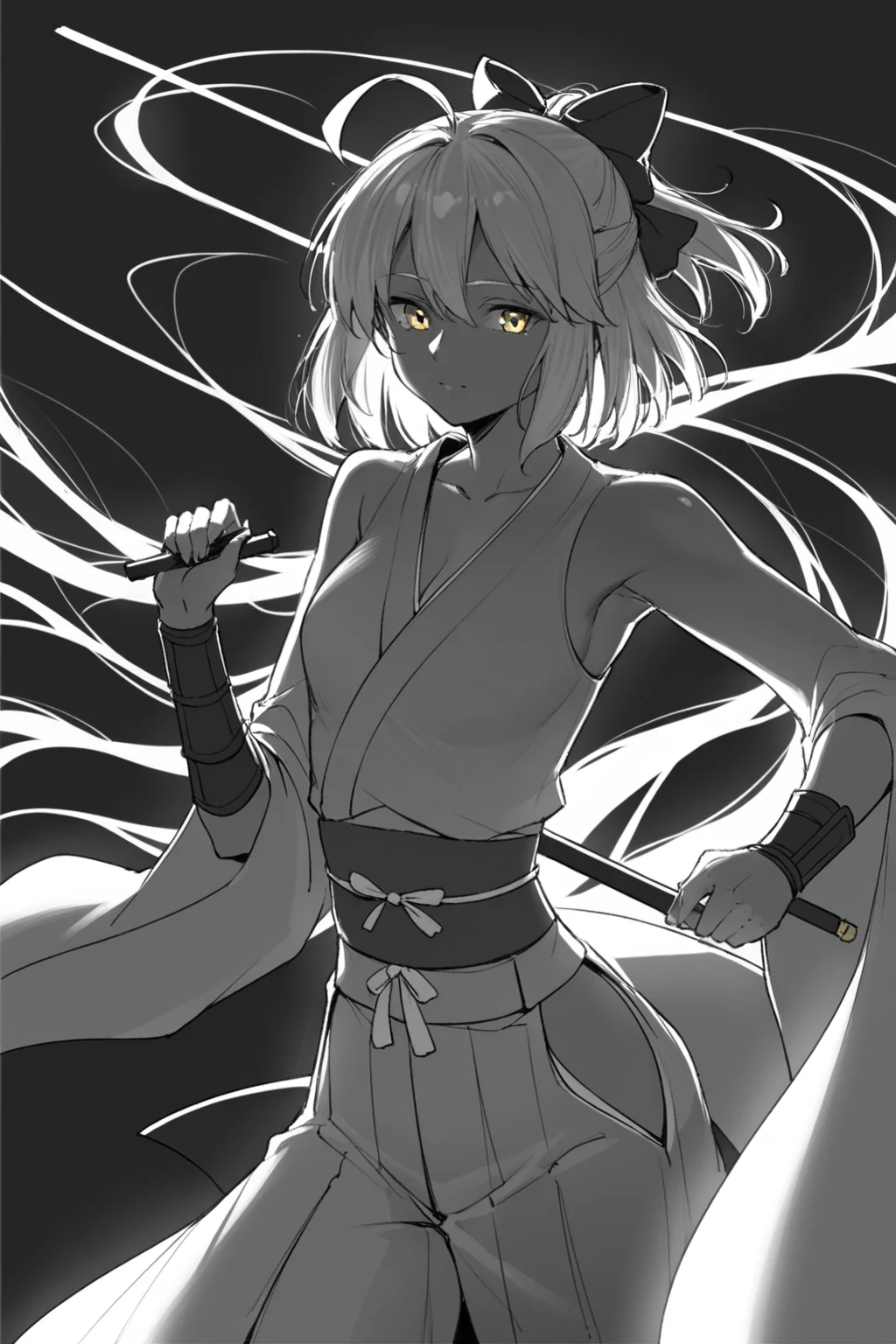 score_9, score_8_up, score_7_up, okita souji \(fate\), ahoge, arm guards, black bow, hair bow, hakama, half updo, kimono, medium hair, pink hakama, pink kimono, yellow eyes, solo, solo focus, cowboy shot, simple background, black background, monochrome, greyscale, dark Reaching out with one hand <lora:dblack:1>