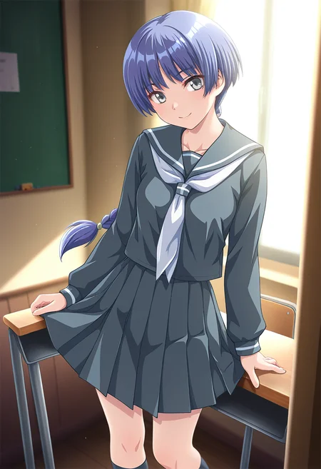 masterpiece, best quality, amazing quality, 1girl, solo, cowboy shot, tenluww, grey eyes, blue hair, long hair, single braid, small breasts, school uniform, dark grey serafuku, long sleeves, dark grey pleated skirt, black socks, looking at viewer, smile, indoors, skindentation, detailed clothing folds, depth of field, sharp, high contrast, dynamic light <lora:Shintaisou_Shin_Tenlu_ill:0.9>