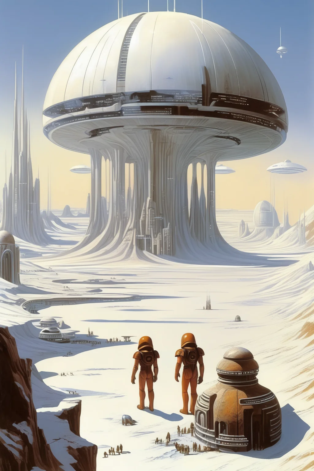 <lora:Angus McKie Style:1>Angus McKie Style - RALPH MCQUARRIE art. transparent Dome city on white desert planet.