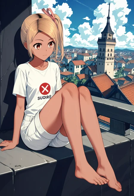 source_anime, score_9, score_8_up, score_7_up, score_6_up, score_5_up, score_4_up, 1 girl, solo, <lora:Chinami_Chosokabe_from_LiL_PonyXL:0.8>, chinami, dark-skinned female,side ponytail, shorts, white shorts,, <lora:shadmanPONYXL-guy-v101:1>,,(guard tower, Feet crossed at the ankles, seated),