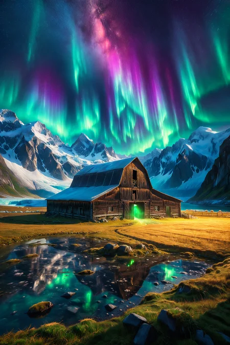 old barn with glowing hay, morph-aurora, glacial fjord with icy cliffs, detailed background, best quality, vibrant colors, realistic style, high detail, hyper-realistic, highres, 4K resolution, realistic photo, masterpiece, ultra-detailed, ethereal light, greens and golds, radiant shine, wide shot, <lora:add-detail-xl:1> <lora:aurora_0_100_V1-000009:0.65>
