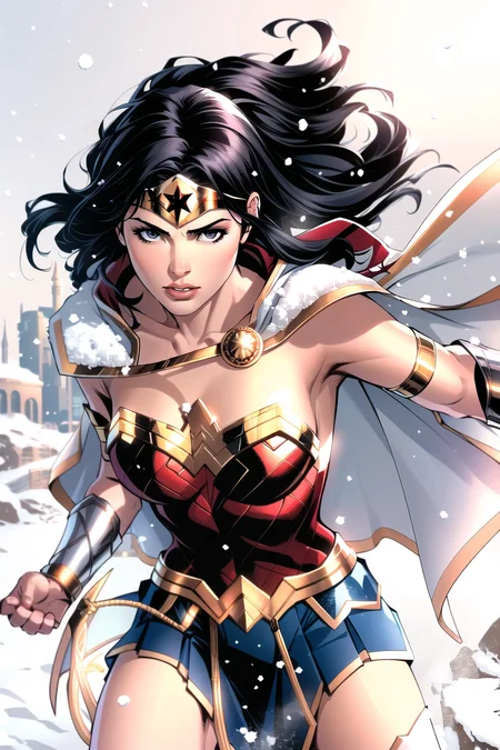 jim lee,
1girl, wonder woman, armlet, black hair, blurry, bracer, breath, cape, cowboy shot, depth of field, holding, holding weapon, lasso, looking at viewer, parted lips, pommel, realistic, reverse grip, shield, skirt, snow, snowing, solo, superhero, sword, tiara, toned, weapon, weapon behind back
, ((masterpiece))
<lora:jim_lee_offset:1>