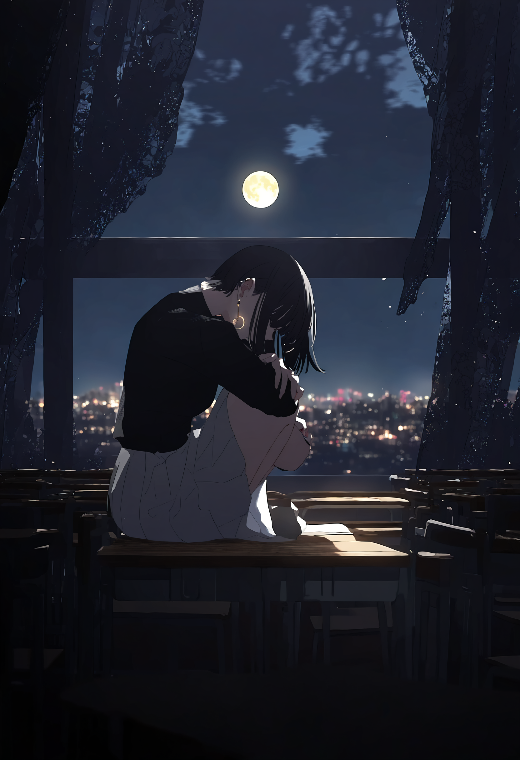 masterpiece, best quality, newest, absurdres, highres, very awa, anime screencap, indoors, curtains, school, shadow, anime screencap, snowing, winter, 1girl, looking at viewer, window, black hair, bob cut, short hair, floating hair, upper body, school uniform, looking at viewer, short sleeves, glowing eyes, closed mouth, expressionless, from side, blunt bangs, looking to the side, ambient occlusion, intricate background, low lighting, rim light, ethereal glow, ethereal particles, dappled light, highly detailed, high shot, dark background, simple background, cowboy shot, blurry, motion blur,