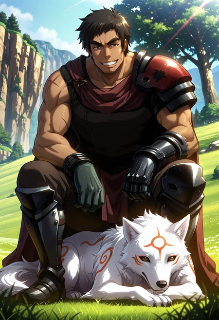 best quality, masterpiece, anime_screencap, hi res, best_quality, very aesthetic, absurdres, 8k, Kva1t,
1boy, male_focus,
brown_eyes, black_hair,
scar, manly,muscular, thick eyebrows, facial hair, stubble, sideburns,
grin,
armor, cape, shoulder armor, pauldrons, shoulder pads, gauntlets, gloves, greaves,
kuroinu emblem, squatting, bent down to pet his wolf,
amaterasu_\(okami\), wolf, animal, beautiful lighting, ray traced, outdoors, meadow, tree, cliff, day, sunshine