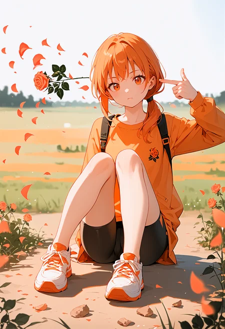 score_9,score_8_up,score_7_up,source_anime,1girl,solo,low ponytail,bike_shorts,sneakers,looking at viewer,orange theme,blurry foreground,field,
<lora:boom finger gun_pony_bx-v1.04:1>,finger gun,rose,petals,