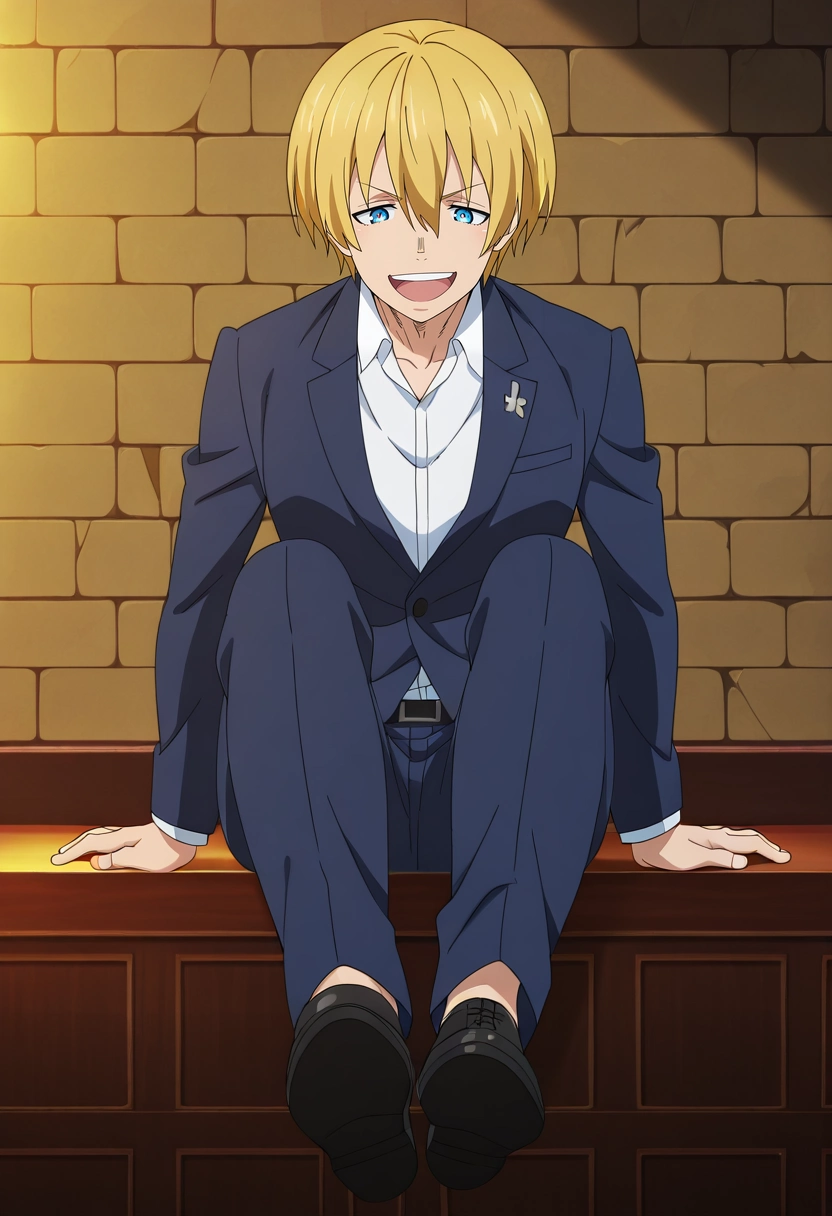 masterpiece, best quality, anime screencap, official style, anime coloring, cowboy shot, 1boy, solo, male focus, <lora:arthur_boyle_ilxl:0.9>, arthur_boyle, blonde hair, blue eyes, short hair, hair between eyes, , , straight-on, great wall of china, dawn, legs up, laughing, Fuchsia Canvas Brocade Joggers, Suit jacket, Slip-on shoes, ,