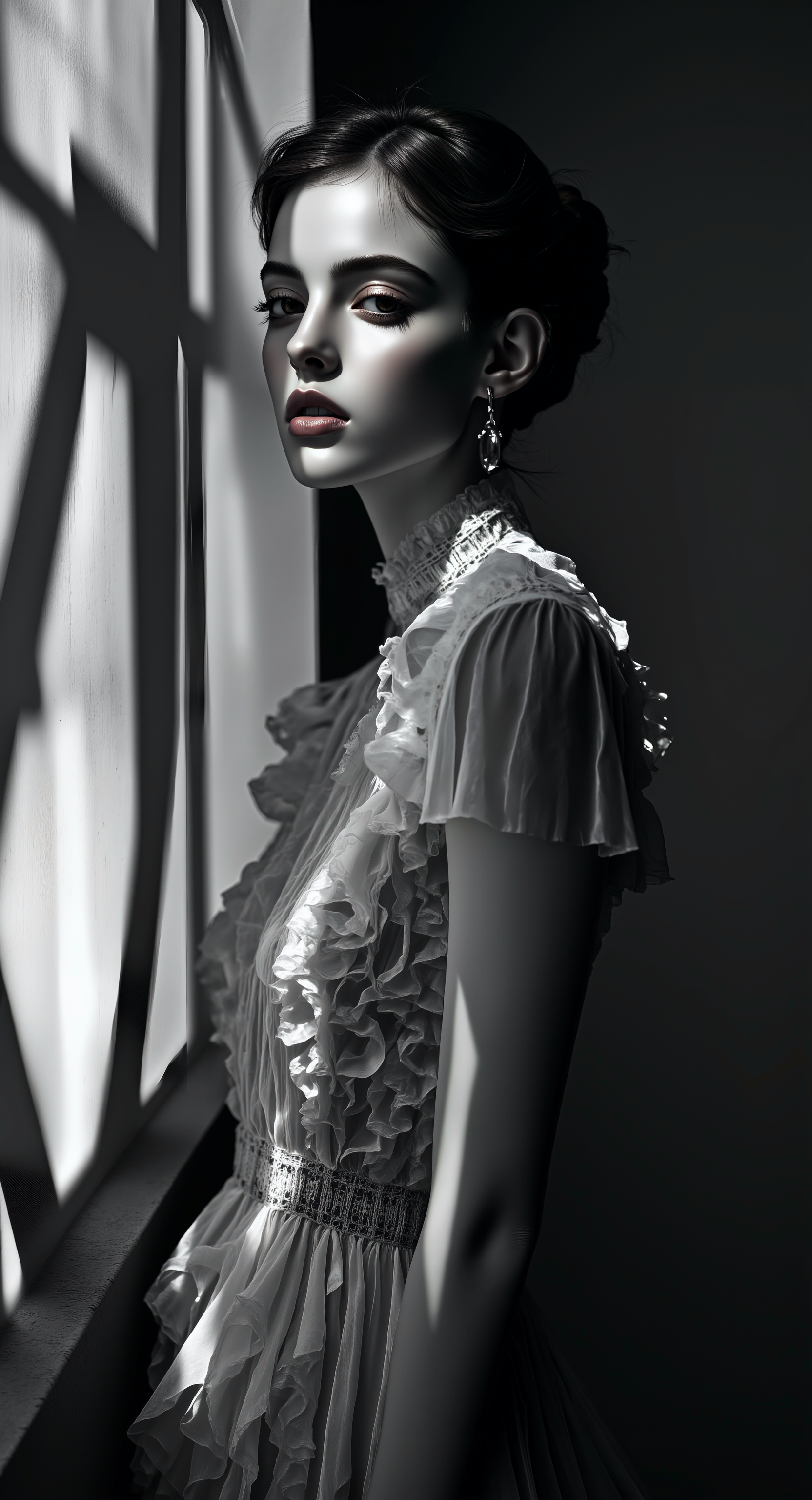 masterpiece, best quality, amazing quality, very aesthetic, absurdres, newest, black and white photography, editorial fashion, elegant woman, poised expression, dawn, abstract urban space, cinematic lighting, peter lindbergh aesthetics, minimalist 1960s fashion, couture dress, holographic projections, water reflections, sound wave visualization, ethereal atmosphere, Platoâs forms, philosophical symbolism, timeless beauty, quiet awe, poetic composition, surreal elegance, endless pursuit of perfection. mwv7_alpha_v01, <lora:Midjourney_Whisper_V7_alpha_v01:1>,  midjourney_whisper_avant_couture, <lora:midjourney_whisper_avant_couture_v01:0.8>,