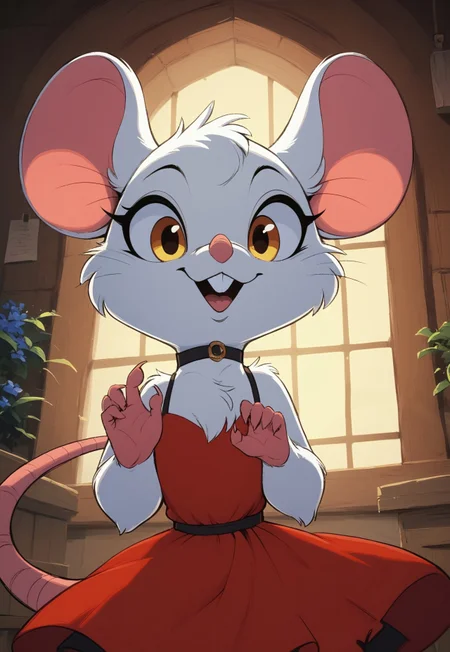 score_9, score_8_up, score_7_up, score_6_up, score_5_up, score_4_up, solo, (fluffy:0.8), (feral), furry, (((mouse))), female, (fluffy cheeks:0.7), (simple red dress), cute, (solo), j_cartoon, indoors, cottage, look at viewer, (smile:0.5), (surprised expression:0.5), action pose, gold eyes, white fur, beckoning, low angle view, upper body shot,