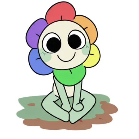 dandy, cartoony, flower, blush stickers, male,  cute, toony, anthro flower, rainbow petals around head, round eyes, black eyes, rainbow flower, adorable, white body, green arms, green legs, chibi, sitting on ground, white background, smiling, happy,
<lora:add-detail-xl:2>