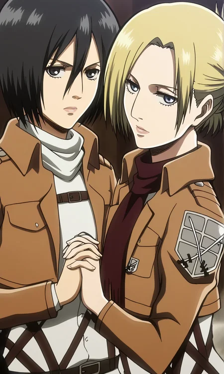 score_9, score_8_up, score_7_up,2girls,source_anime,paradis military uniform, holding hands,
BREAK annieS1 ,blonde hair,short hair,blue eyes,tied hair,detailed face,masterpiece,best quality,annie leonhardt,<lora:annieS1:0.8>
BREAK mikasa ackerman, 1girl,short hair, black hair,black eyes <lora:Private-Mikasa-PDXL:0.8>