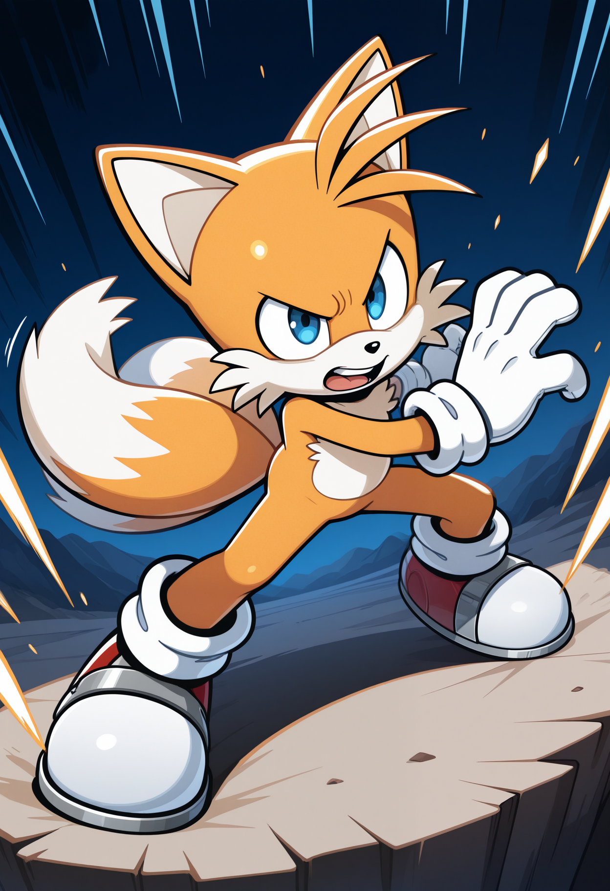 masterpiece,best quality,amazing quality, 1boy, solo, t41ls, furry, orange fur, blue eyes, tail, two tails, white gloves, white socks, full body, attack stance,