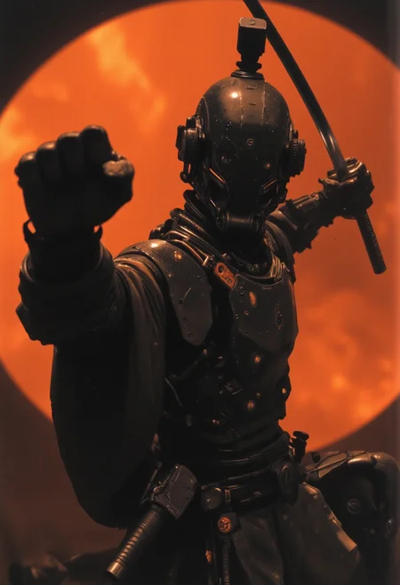 closeup portrait photo of an Elysium Robot Cyborg Samurai, macro, a captivating vibrant dark capturing the essence of a cyborg Bedouin sorcerer in fight stance, Fist raised infront of japanese shire. ethereal, smoky backdrop. throwing a translucent amber/black, weapon, katana, holding katana, atmospheric haze, Film grain, cinematic film still, shallow depth of field, highly detailed, high budget, cinemascope, moody, epic, OverallDetail, gorgeous, 2000s vintage RAW photo, photorealistic, candid camera, color graded cinematic, eye catchlights, atmospheric lighting, skin pores, imperfections, natural, shallow dof,