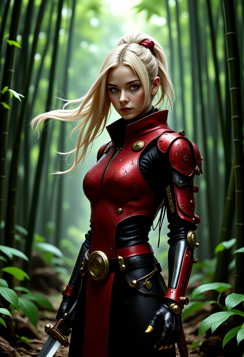 A dynamic and powerful ninjapunk warrior stands in a bamboo forest, her red and black armor contrasting with the natural surroundings. She wields a katana, her blonde hair flowing freely as she moves with a graceful and confident stride. Her outfit is adorned with intricate details, including a belt with a clock and a decorative medallion, and she wears black gloves. The scene is set in a bamboo forest, with tall bamboo stalks and leaves forming a natural backdrop. The ninja style dynamic_pose is focused, exuding a sense of readiness and strength.   <lora:flux/ARTifacts>,  <lora:flux/flux_realism_lora>,  <lora:flux_trainer/fluxPunk_v12>,