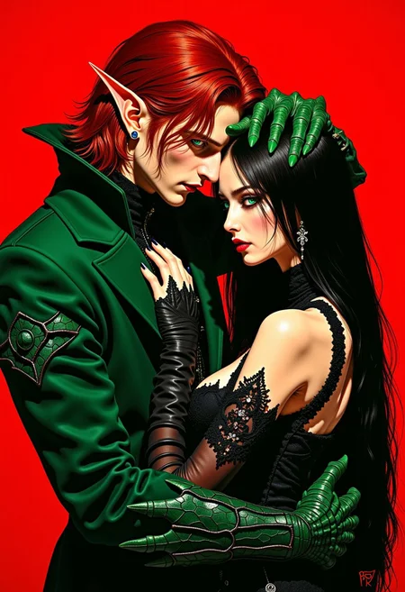 Medium-shot, An intense and dangerously alluring gothic couple posed in a dramatic close-up against a vivid crimson background. The man exudes dark charisma, semi-long red hair, wearing a sleek green sneake coat, his piercing, glowing green eyes. he is an elf, he has pointy ears with earrings. His hand, covered with green scales, protectively and sensually embraces the woman's head, giving her a touch of dominance. The woman, Elven Sorceress has long black straight hair, wears a fitted, black, bold elven dress with delicate lace and exposed collarbones and underboob. Her icy blue eyes gleam with a soft glow, contrasting against the bold black of her lips. The intricate detailing of her outfit is complemented by elegant gemstone earrings. The couple’s poised intimacy, combined with the bold color palette and polished gothic fashion, creates an image of romantic intensity and dark elegance
DB4RZ, DB4RZ style painting
