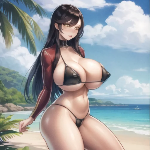 <lora:Nemo-02:1>,woman on the beach in micro bikini, yellow eyes, very tight clothes