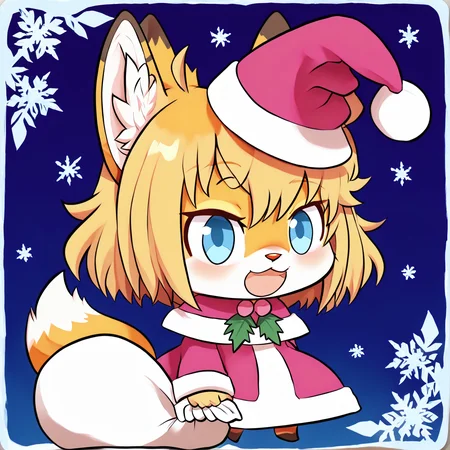 padoru <lora:padoru-IL-1.0:1>, <lora:Katinka_v01_PDXL:1>, masterpiece, perfect quality, best quality, anime coloring, 1girl, solo, padorumeme, padoru, simple dark blue background, Katinka, 1girl, solo, short hair, blonde hair, animal ears, fox ears, furry female, fox tail, blue eyes, hair bow, pink bow, fox girl, white fur, animal nose, bangs, body fur, two-tone fur, christmas background, score_9, score_8_up, score_7_up, score_6_up, score_5_up, score_4_up,