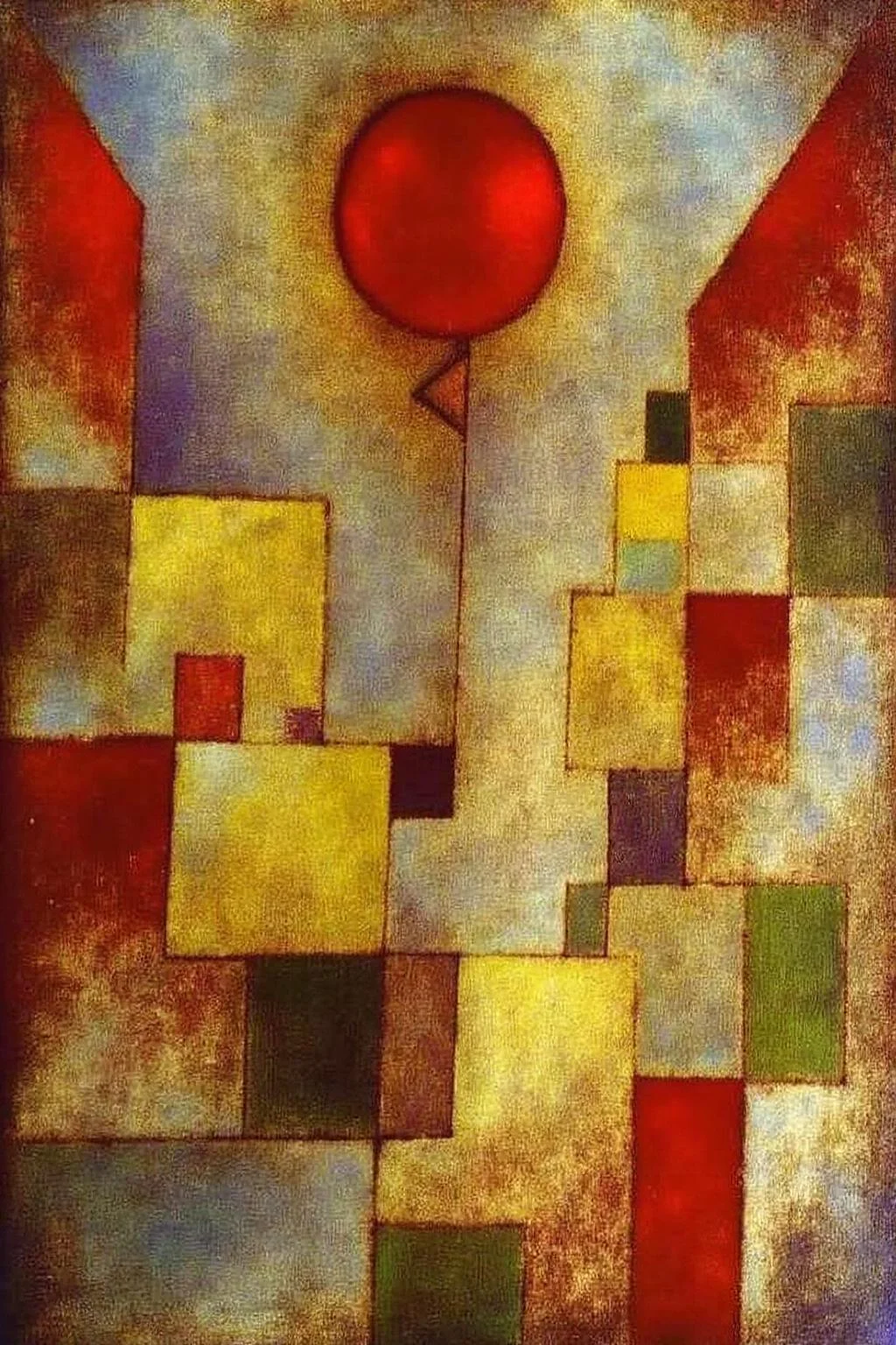 paulklee1 painting. A composition of rectangular and square forms in red, yellow, blue, and green. The central element is a shiny red balloon floating in the air. <lora:paulklee1_cap_d8a4e12:1.0><lora:839872368160721216:0>