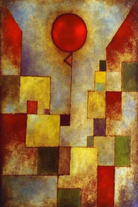 paulklee1 painting. A composition of rectangular and square forms in red, yellow, blue, and green. The central element is a shiny red balloon floating in the air. <lora:paulklee1_cap_d8a4e12:1.0><lora:839872368160721216:0>