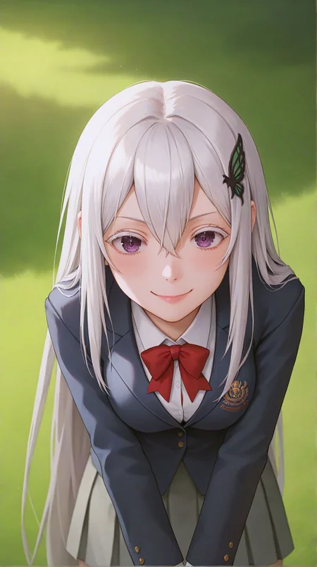 zPDXLxxx,score_9,score_8_up,score_7_up,realistic,masterpiece,best quality,perfect anatomy,very aesthetic,absurdres,
<lora:Quality tweaker_last:-2>,
<lora:Breast Slider - Pony_alpha1.0_rank4_noxattn_last:2>,
<lora:azurlaneXLP6lokrV4236T2:0>,
solo,blush,smile,
v arms,breast squeeze,leaning forward,gradient,upper body,
<lora:Echidna PonyXL Anzhc v1.6:1>,
echidna,purple eyes,white hair,hair between eyes,very long hair,butterfly hair ornament,
school uniform,red bowtie,blazer,blue jacket,collared shirt,white shirt,grey skirt,pleated skirt,white socks,kneehighs,shoes,
outdoors,grass,