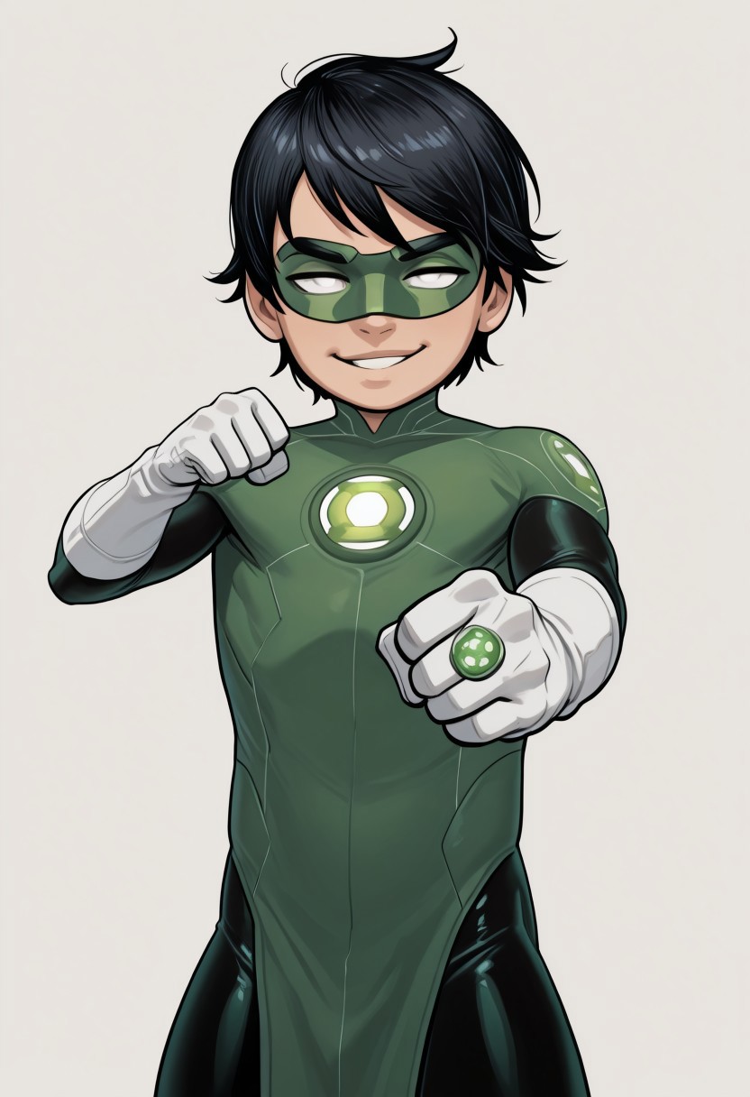 masterpiece, absurdres, high quality, perfect anatomy, 1boy, solo, cute boy, male focus, TaiPham, Black Hair, Green Lantern Ring, Green Lantern Costume, Green and Black Bodysuit, Green Domino Mask, White Eyes, White Gloves, Pelvic Curtain, shortstack, upper body, mecha musume, dynamic, dynamic angle, ((solo)), c7ilf, looking at viewer, smug face, parted lips, dynamic pose, fighting stance, cinematic, intricately detailed illustration, depth of field, masterpiece, best quality, amazing quality, very aesthetic, absurdres, newest, very awa,  shadow, dynamic angle, casual cosplay, simple background,
