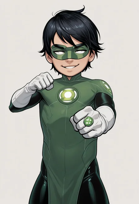 masterpiece, absurdres, high quality, perfect anatomy, 1boy, solo, cute boy, male focus, TaiPham, Black Hair, Green Lantern Ring, Green Lantern Costume, Green and Black Bodysuit, Green Domino Mask, White Eyes, White Gloves, Pelvic Curtain, shortstack, upper body, mecha musume, dynamic, dynamic angle, ((solo)), c7ilf, looking at viewer, smug face, parted lips, dynamic pose, fighting stance, cinematic, intricately detailed illustration, depth of field, masterpiece, best quality, amazing quality, very aesthetic, absurdres, newest, very awa,  shadow, dynamic angle, casual cosplay, simple background,