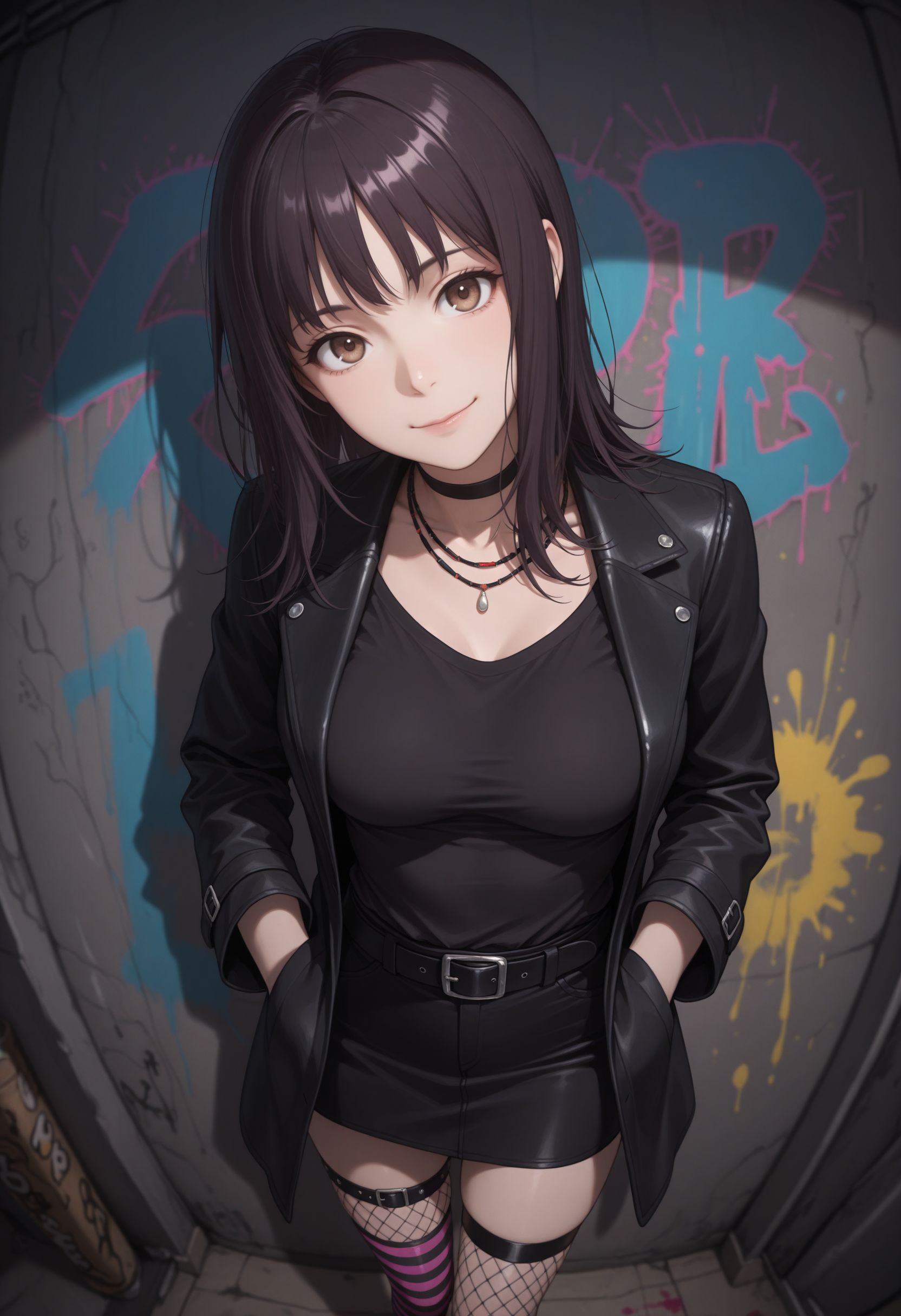 masterpiece,best quality,absurdres,highres,very aesthetic,high quality,detailed,insanely detailed,beautiful,perfect lighting, ,depth of field,blurry background,bokeh, looking at viewer,
 <lora:Itsuwa illu:0.8> 1girl, brown eyes, black hair, medium breasts, long hair, smile, black choker, necklace, black jacket, black shirt, black belt, black skirt, asymmetrical legwear, thigh strap, fishnet thighhigh, striped thighhighs, abstract background, abstract, colorful, paint splatter,fisheye, graffiti, hands_in_pocket, head up, head tilt,