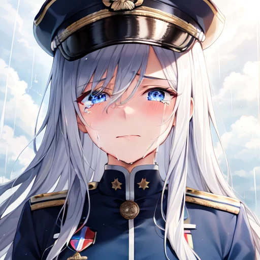 1girl, bangs, blue_eyes, cloud, cloudy_sky, crying, crying_with_eyes_open, enterprise_\(azur_lane\), eyebrows_visible_through_hair, hair_between_eyes, hat, long_hair, looking_at_viewer, military, military_hat, military_uniform, peaked_cap, rain, sad, silver_hair, solo, streaming_tears, sunlight, tearing_up, tears, wet