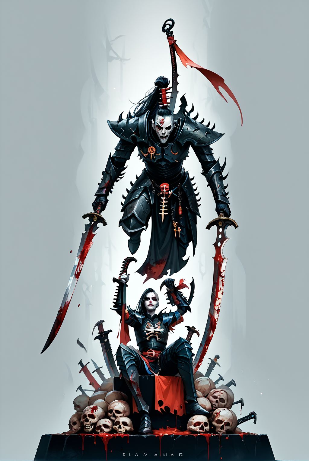 score_9, score_8_up, score_7_up, score_6_up, score_5_up, score_4_up, source_anime, <lora:aeldari_Pony_2:1> aeldari, drukhari, standart drukhari, full black drukhari's armor, 1girl, armor, blood, colored_skin, dagger, holding_sword, holding_weapon, jewelry, long_hair, sword, weapon, pale skin, ((black armor)), full body, one drukhari girl Stand on a huge pile of bloody corpses of people, dead bodys, one lag stand on dead head, A bunch of corpses