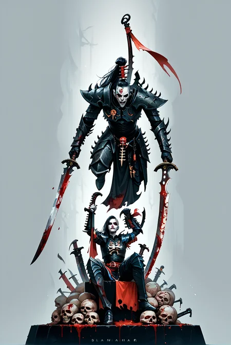 score_9, score_8_up, score_7_up, score_6_up, score_5_up, score_4_up, source_anime, <lora:aeldari_Pony_2:1> aeldari, drukhari, standart drukhari, full black drukhari's armor, 1girl, armor, blood, colored_skin, dagger, holding_sword, holding_weapon, jewelry, long_hair, sword, weapon, pale skin, ((black armor)), full body, one drukhari girl Stand on a huge pile of bloody corpses of people, dead bodys, one lag stand on dead head, A bunch of corpses