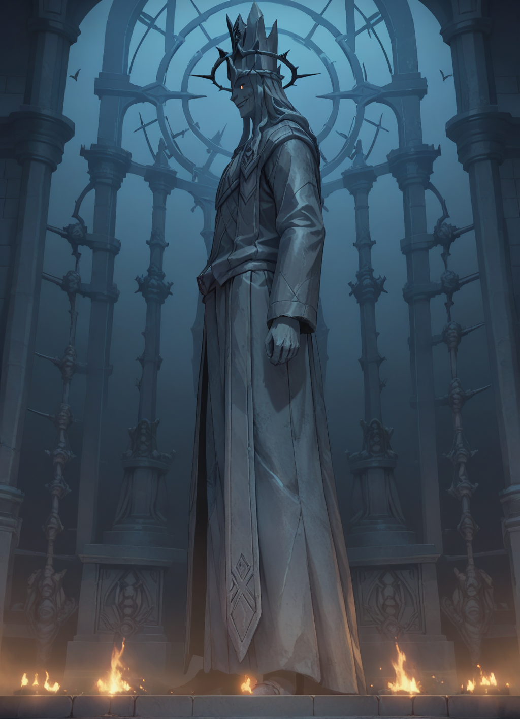 score_9, score_8_up, score_7_up, source_anime, standing, from side, evil smile, solo, eye contact, statue, statue_of_god, <lora:Statue_of_Death_God__Solo_Leveling_pony:0.7>