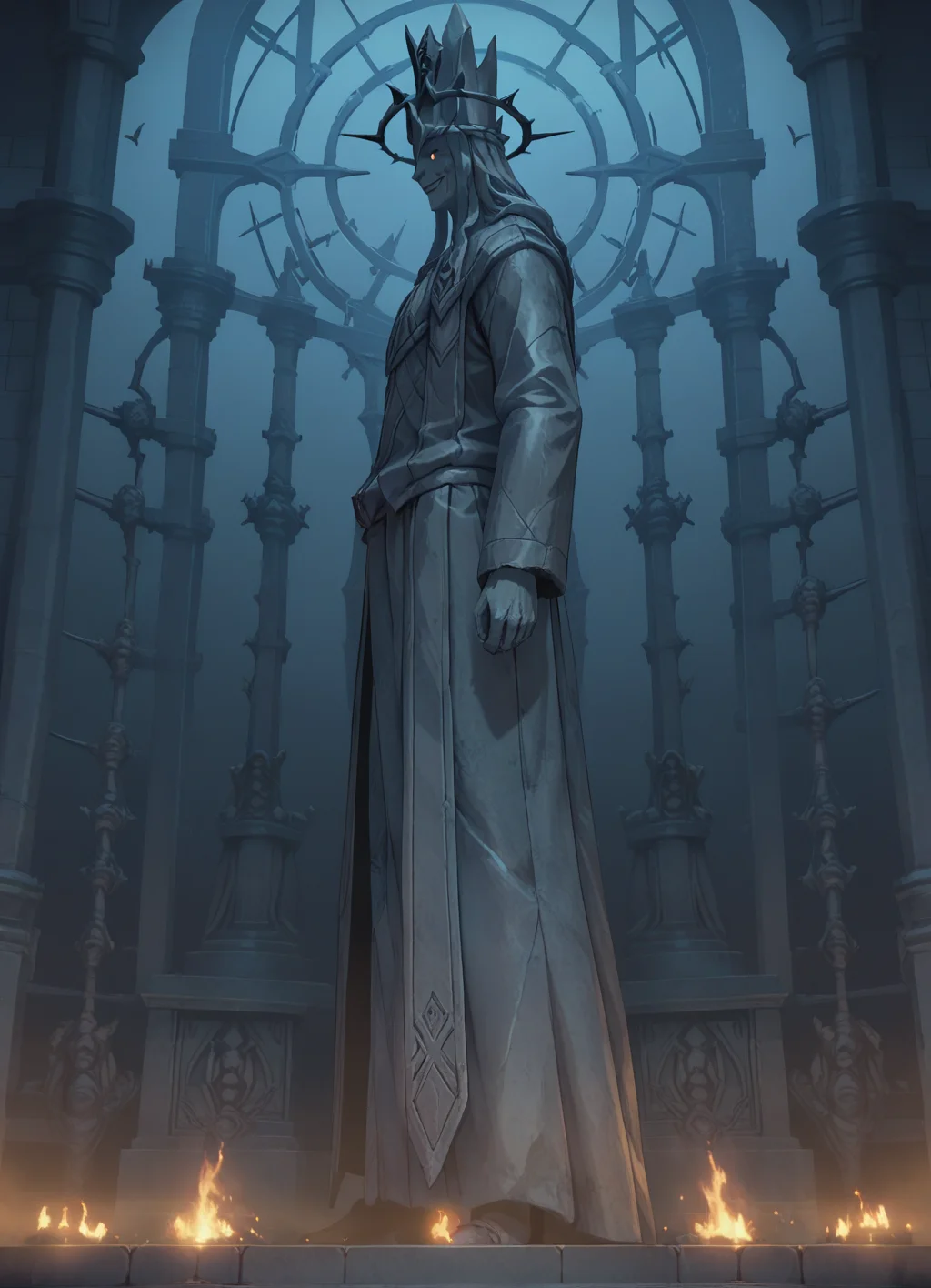 score_9, score_8_up, score_7_up, source_anime, standing, from side, evil smile, solo, eye contact, statue, statue_of_god, <lora:Statue_of_Death_God__Solo_Leveling_pony:0.7>