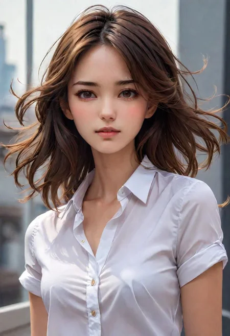 (masterpiece), 
1girl,
white shirt,
brown hair,, floating hair, 
upper body shot, 
HDR, highly detailed, 32k, 
(sexy) mood, 
perfect face feature,