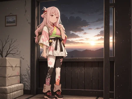 masterpiece,best quality,amazing quality, solo, character focus, 
harsh shadows,   light particles,     sunrise,   
1girl, chignon hair,    light Red eyes,  cute,   shoes, colorful striped tights,  pointy ears,    
looking over shoulder,  
cherry blossom print,    multicolored clothes, split colors,  
  silk bell-bottoms,   padded tunic, 
mudroom,  dark clouds, dark sky,
<lora:add-detail-xl:1> <lora:Detailer_NoobAI_Incrs_v1:1> detailed <lora:cfg_scale_boost:0.3> <lora:feet_anime_il_v3:1> <lora:Dramatic Lighting Slider:1> <lora:hand 5.5:1> <lora:alpha91_peak_maxing:1> alpha91 <lora:Lycoris Recoil style-Illus:0.4> Lycoris Recoil style <lora:jiaocha_illustriousXL:0.4> <lora:jnetz_sc_5-centimeters-per-second_2007:0.4> 5cmps07 <lora:Sinozick_style:0.3> Sinozick_illu,gradient,spot color <lora:NijijourneyNoob_byKonan:0.5>  <lora:H4ru_style:0.3> H4ru_illu