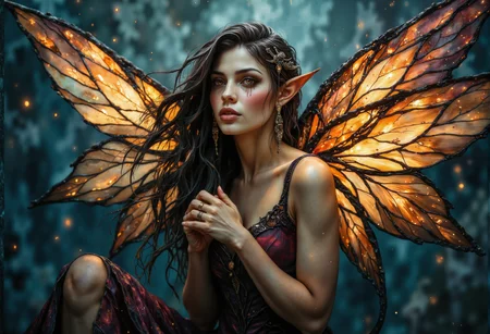 ArsMJStyle, Stained Glass,dark fantasy, eerie,. A Wide-angle shot of a breathtaking young elf with delicate, stained glass butterfly wings, glowing softly as they catch the light. She floats slightly above the ground, her wings shimmering in the air, her hands clasped together. Her skin is smooth, flawless, and radiant, with a soft, silky texture and no visible imperfections. The stained glass wings shimmer with intricate patterns, capturing the light like a prism. Her expression is serene, with an intense focus on something distant, while her flowing hair dances in the wind . Highly detailed, photorealistic, sharp focus, volumetric lighting, realistic shadows, ultra-high definition, and cinematic atmosphere. , <lora:StainedGlassFlux.safetensors:1.0:1.0> <lora:fantasy-flux-v1.safetensors:1.0:1.0> <lora:Flux Darkfantasy_epoch_1.safetensors:0.75:0.75>