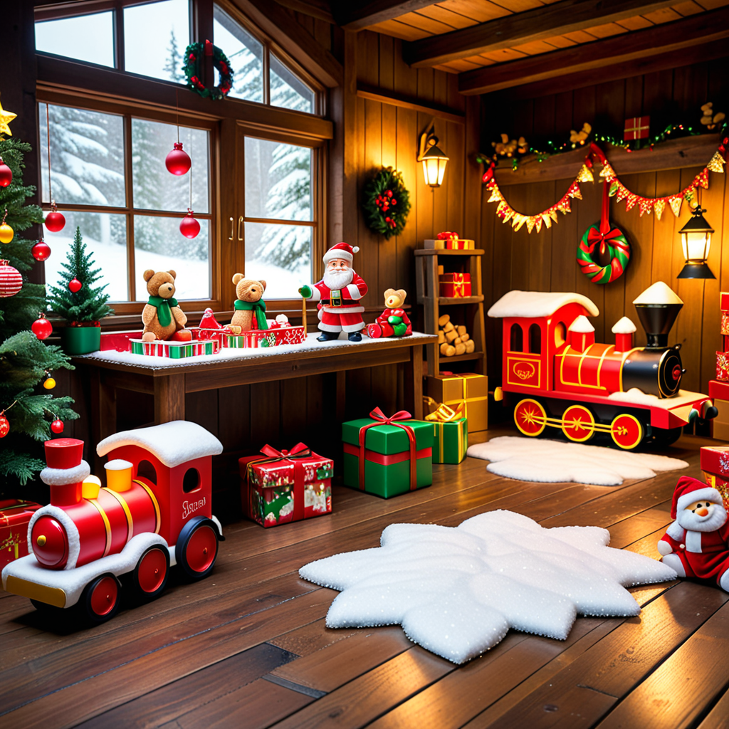 A warm, inviting photograph of Santa Claus's workshop, completely empty yet brimming with festive energy. The room is illuminated by soft golden light from lanterns hanging from wooden beams and a crackling fireplace in the corner. Wooden tables are scattered with tools, paints, and half-assembled toys, including a bright red train, a teddy bear, and colorful wooden blocks. Shelves along the walls overflow with vibrant gift boxes, plush toys, and neatly stacked wrapping paper rolls. The floor is dusted with wood shavings and glitter, adding a sense of activity left behind. Snow-covered windows reveal a faint winter landscape outside, with icicles hanging from the edges. A large chalkboard on one wall lists "Nice & Naughty" names in festive handwriting. The air feels magical, as though the elves just stepped out for a break, leaving the workshop frozen in a perfect holiday moment.<lora:SDXLFaeTastic2400:0.4> <lora:extremely_detailed:0.4> extremely detailed,, Masterpiece,best quality,hi res,8k,hi res,8k,award winning,(sharp focus, intricate, highly detailed),